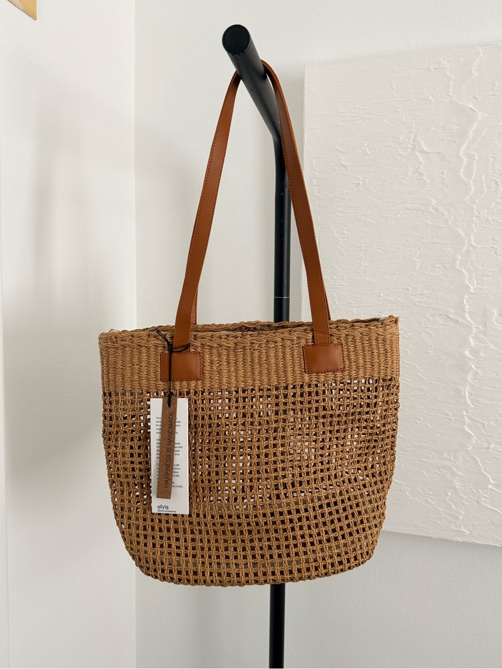 Classic Woven Tote with Tan Straps
